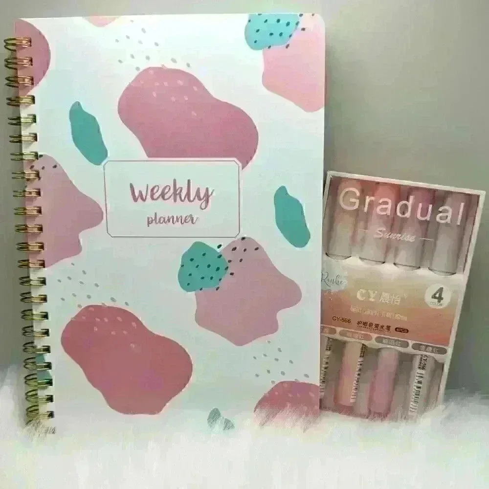 Weekly Planner and Pink Series Highlighter Pen Set Bundle